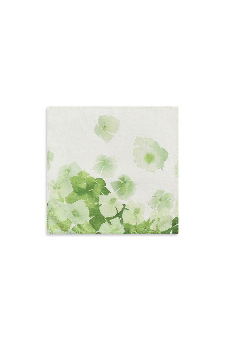 White Hydrangea Linen Napkin in Green, 50x50cm