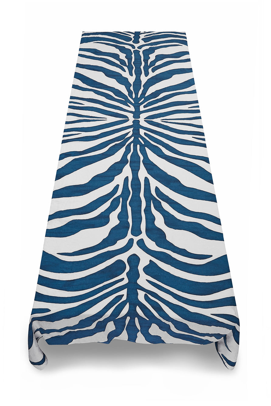 Zebra Linen Tablecloth in Petrol Blue