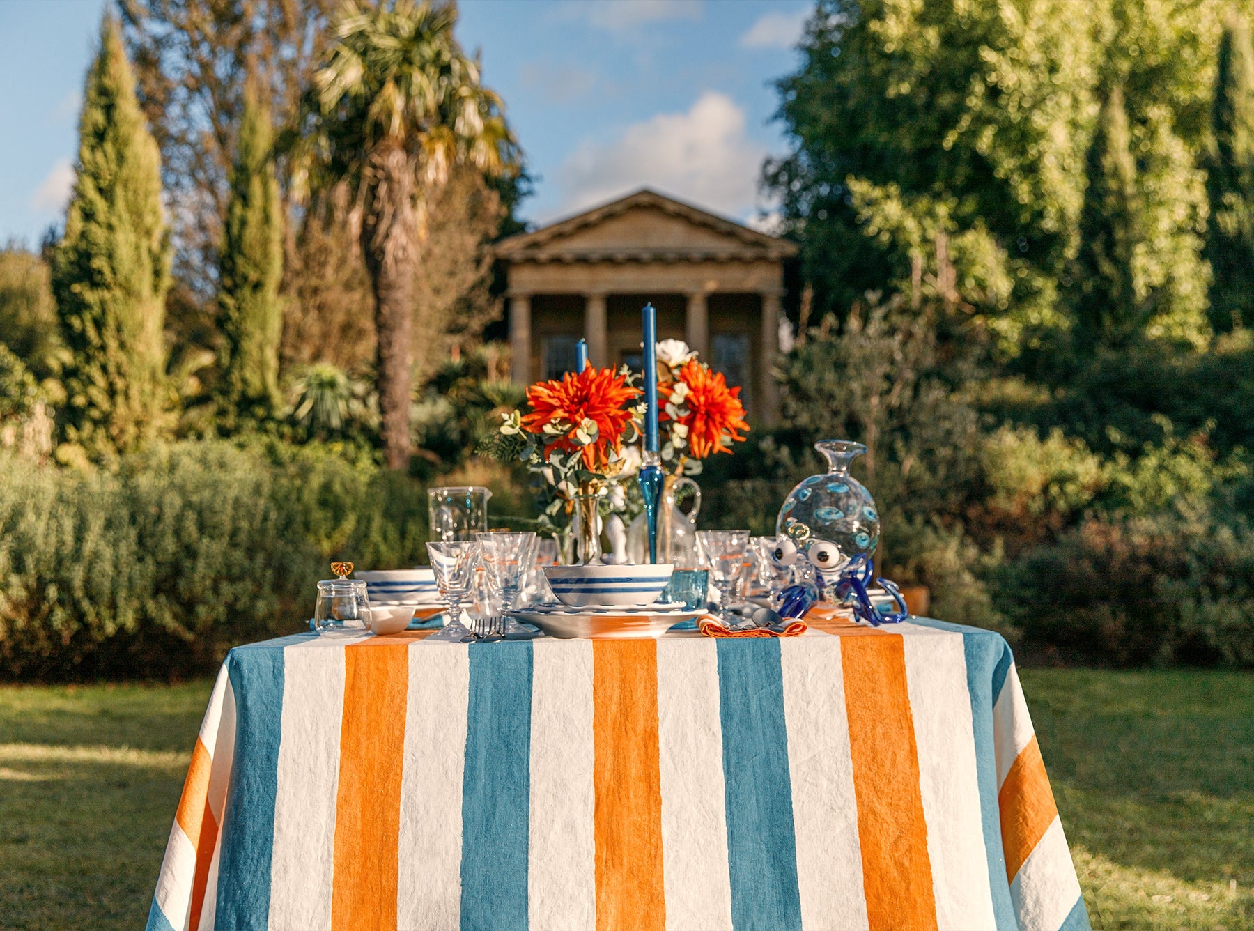 'Stripe' Linen Tablecloth in Sky Blue & Orange