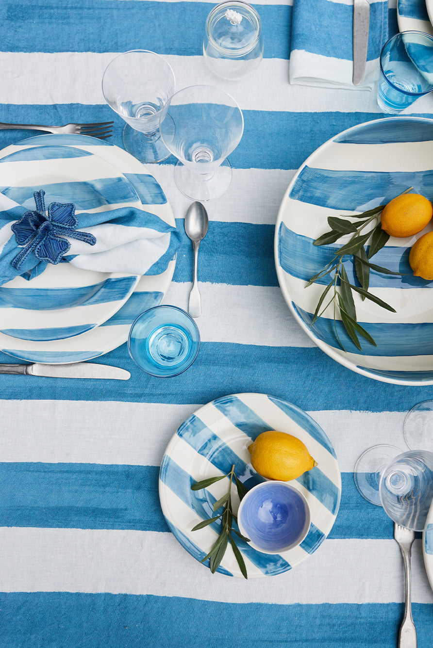 'Stripe' Linen Napkin in White & Sky Blue, 50x50cm