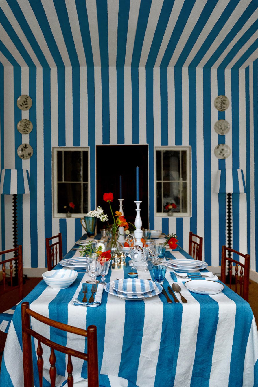 'Stripe' Linen Tablecloth in White & Blue