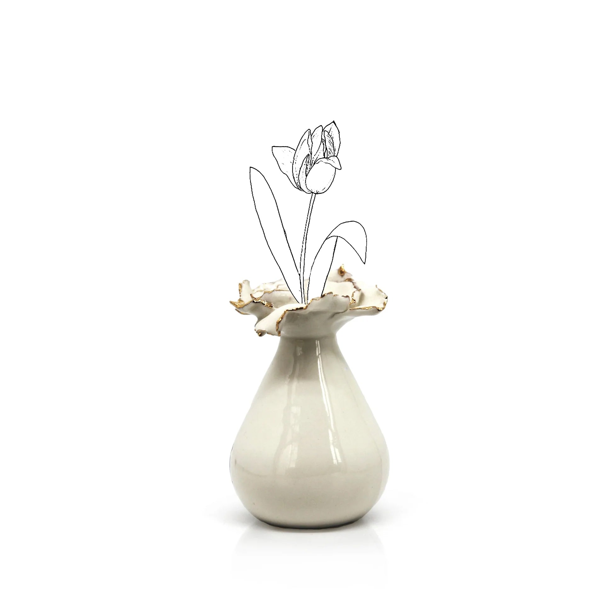 HB Porcelain Tall Flower Bud Vase with Gold Lustre Petal Edges, 10cm