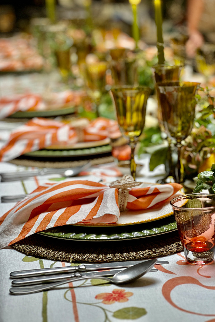 'Capucines' Linen Tablecloth in Peach Pink & Avocado Green