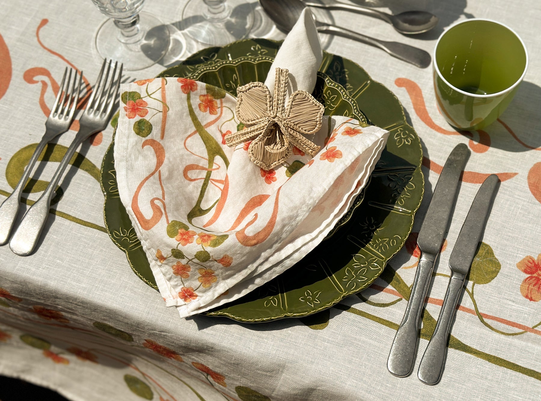 'Capucines' Linen Tablecloth in Peach Pink & Avocado Green
