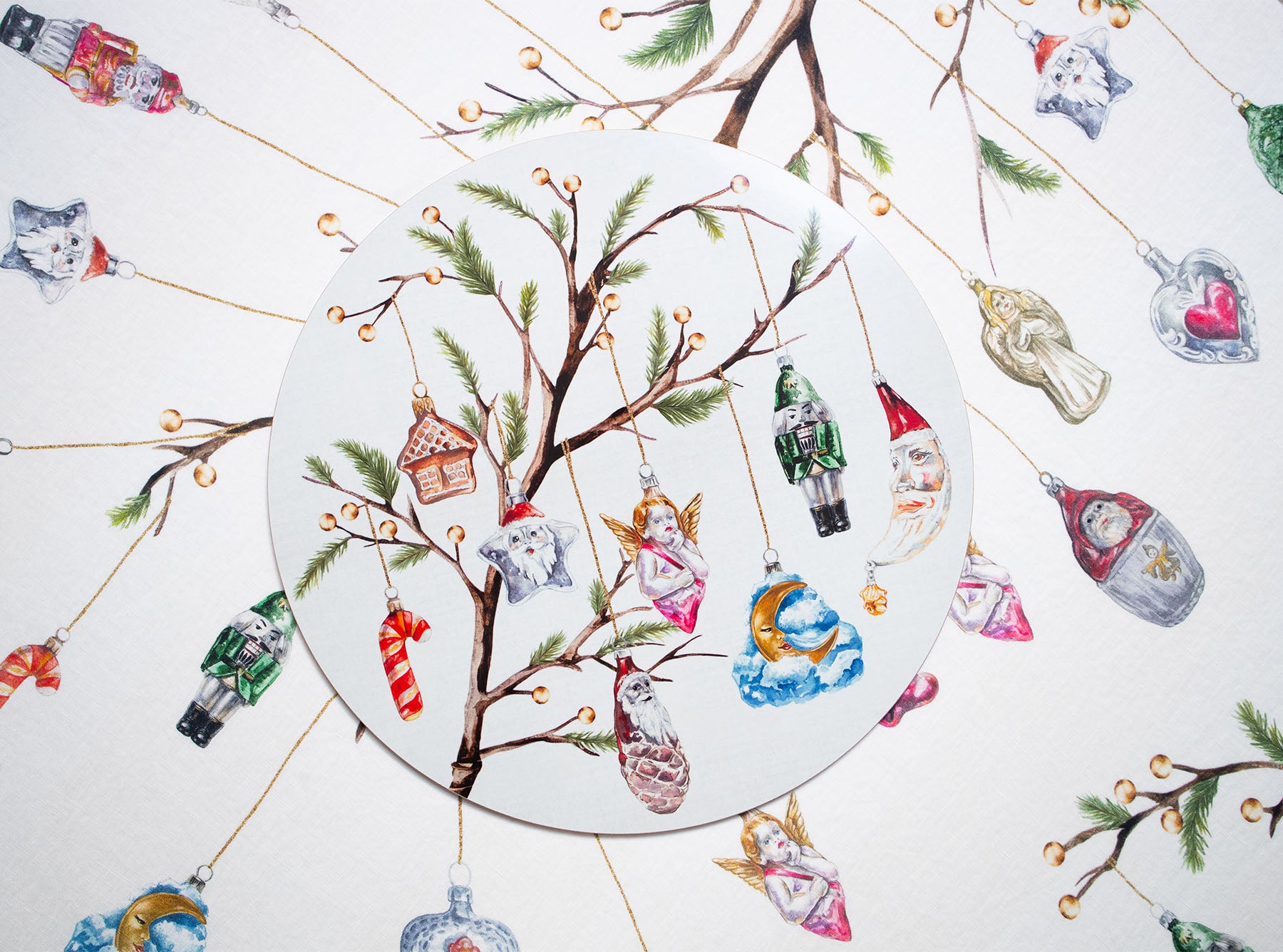 'Christmas Ornaments' Round Cork-Backed Placemat, 34cm