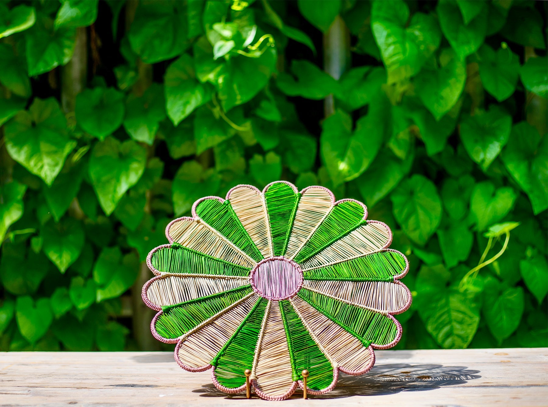 Margarita Woven Straw Placemat in Green & Pink, 37cm