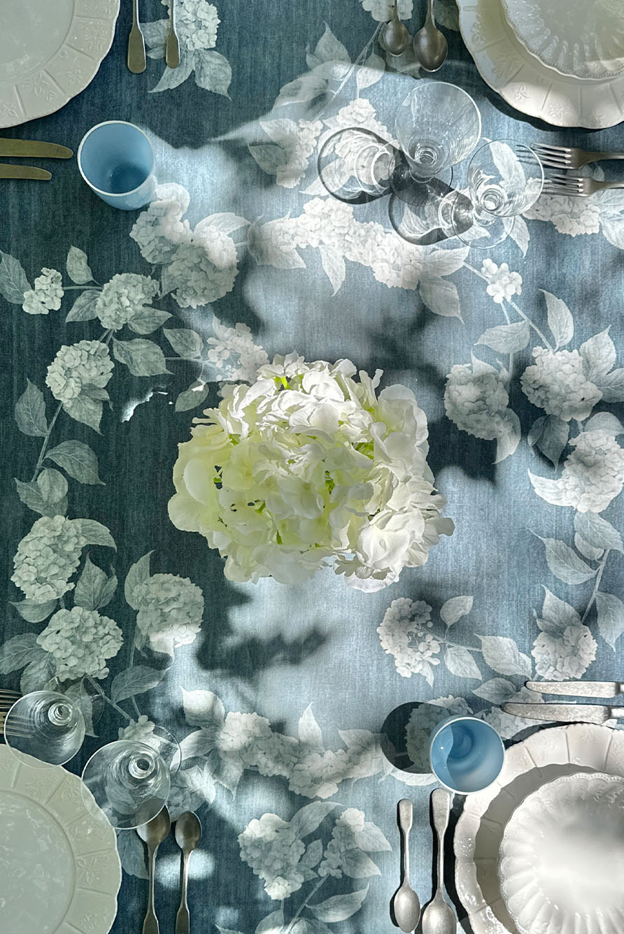 S&B x Blackberry Farm Denim Hydrangea Linen Tablecloth