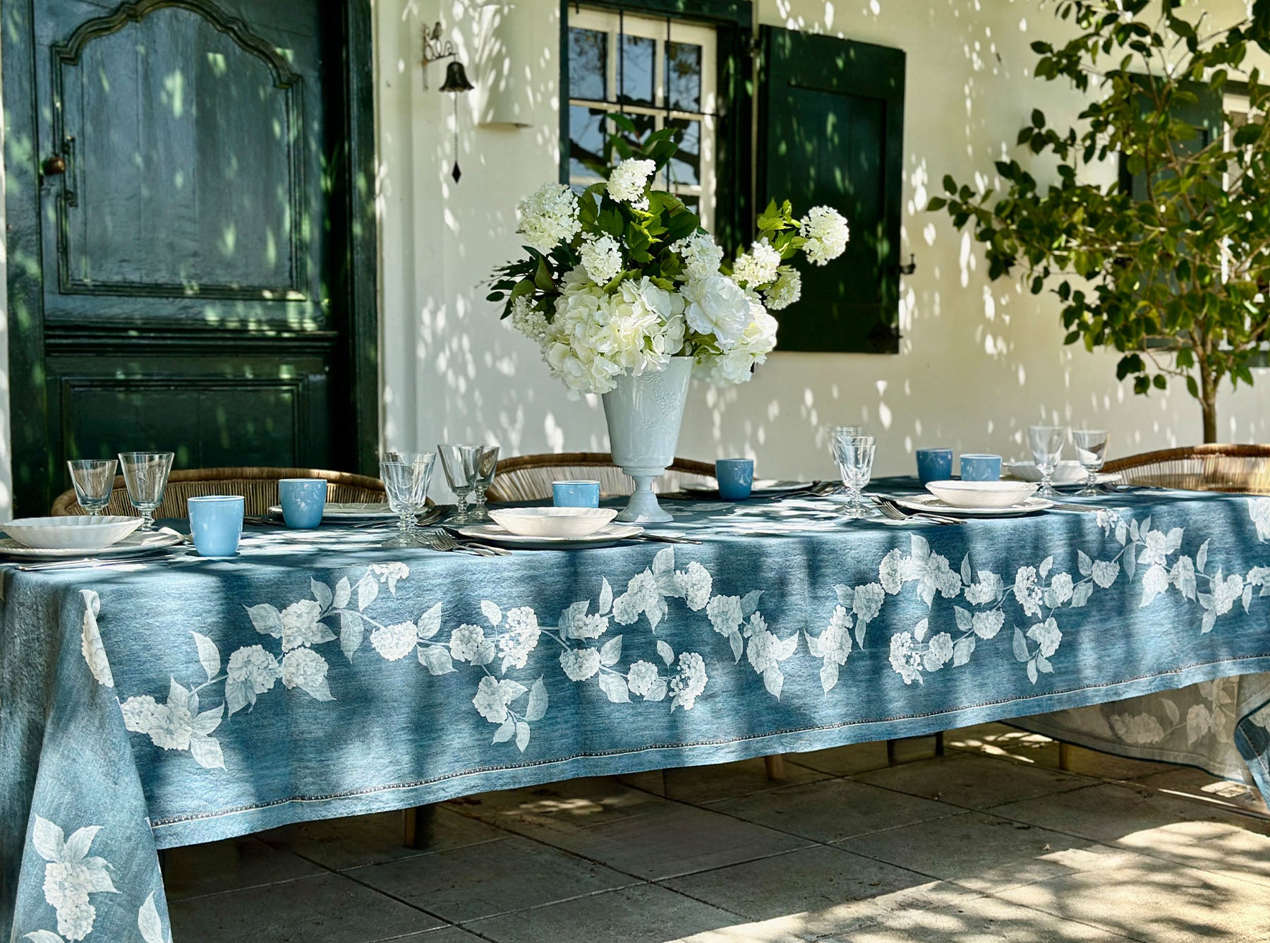 S&B x Blackberry Farm Denim Hydrangea Linen Tablecloth