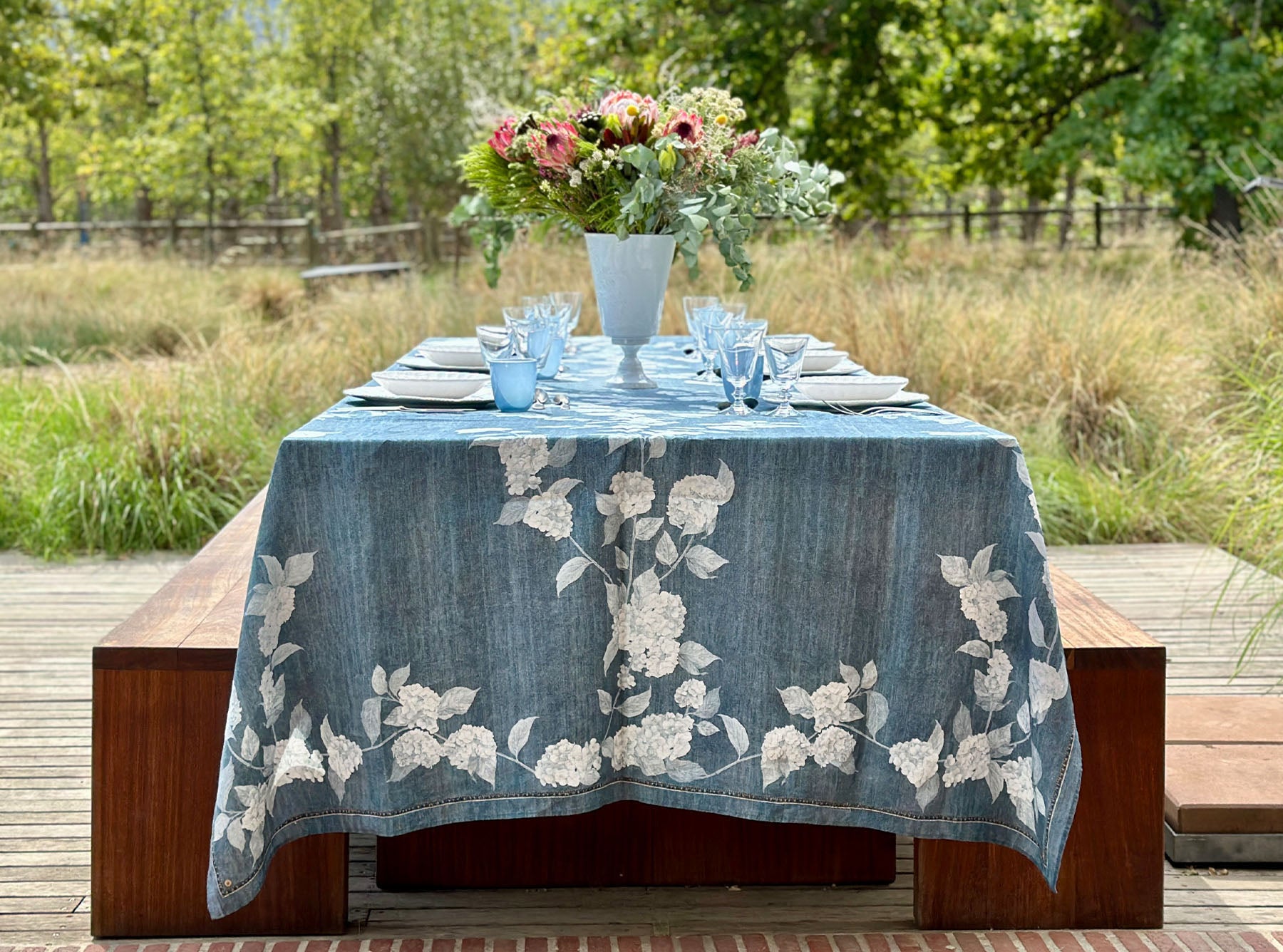 S&B x Blackberry Farm Denim Hydrangea Linen Tablecloth