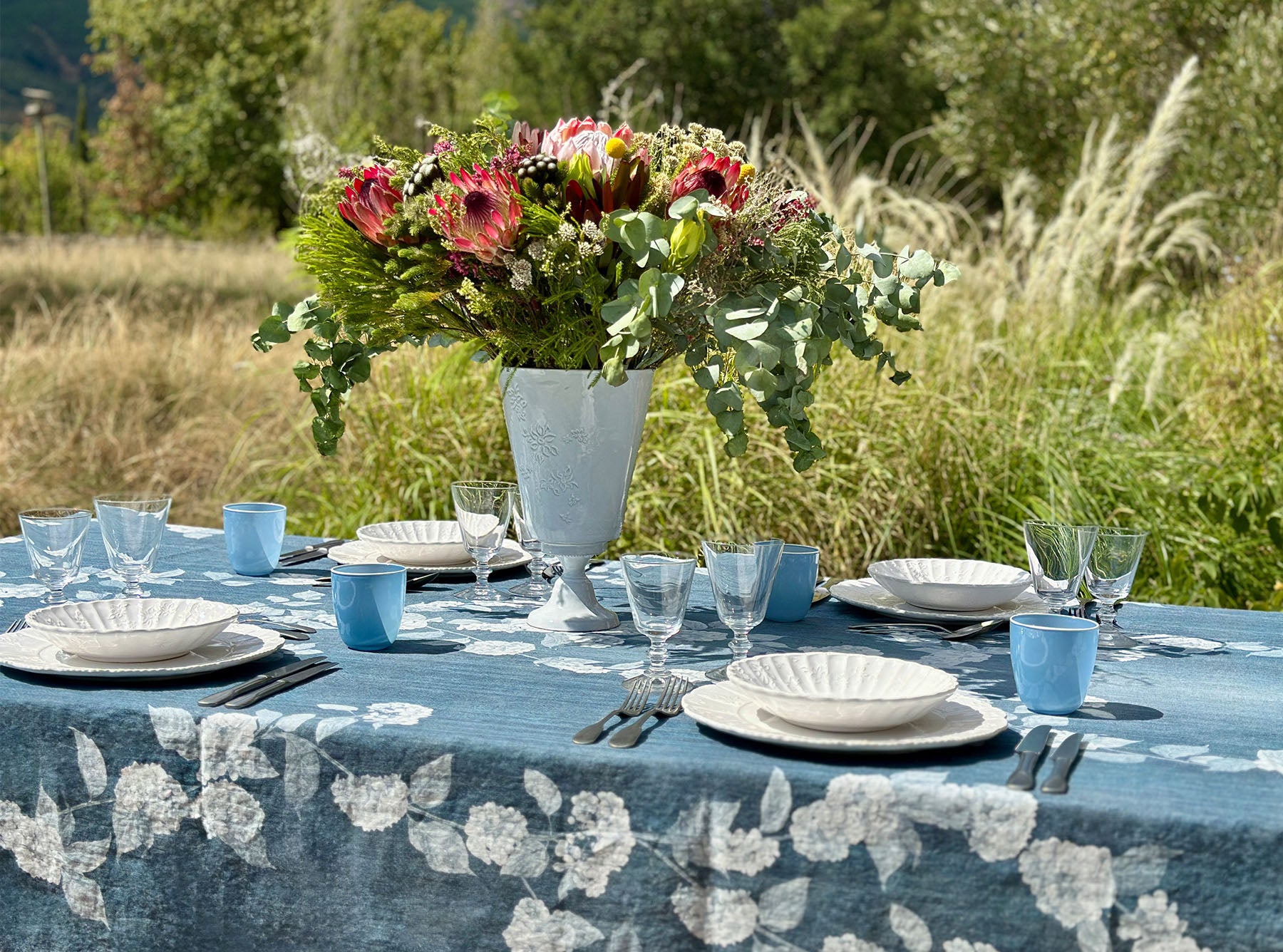 S&B x Blackberry Farm Denim Hydrangea Linen Tablecloth