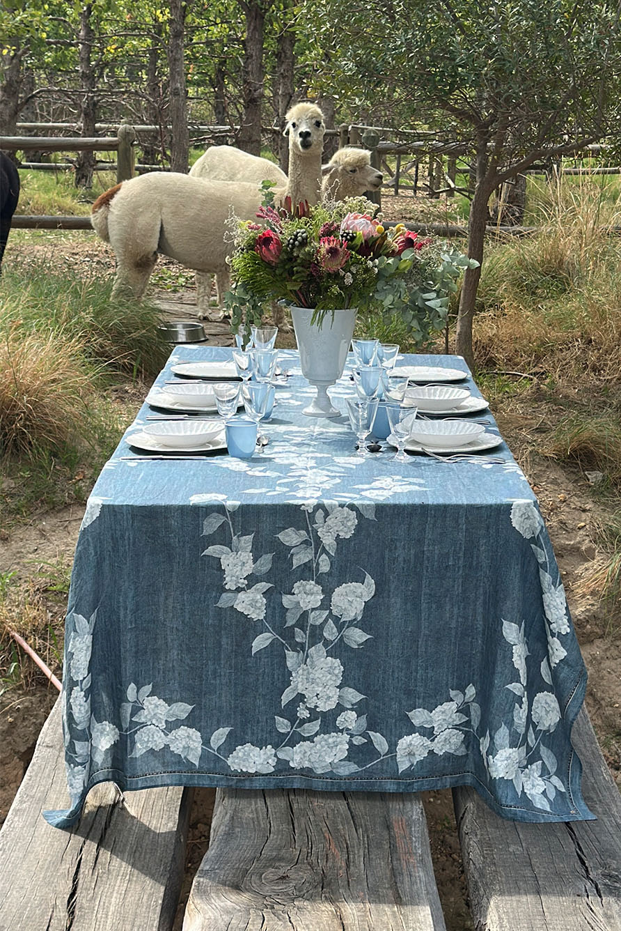 S&B x Blackberry Farm Denim Hydrangea Linen Tablecloth
