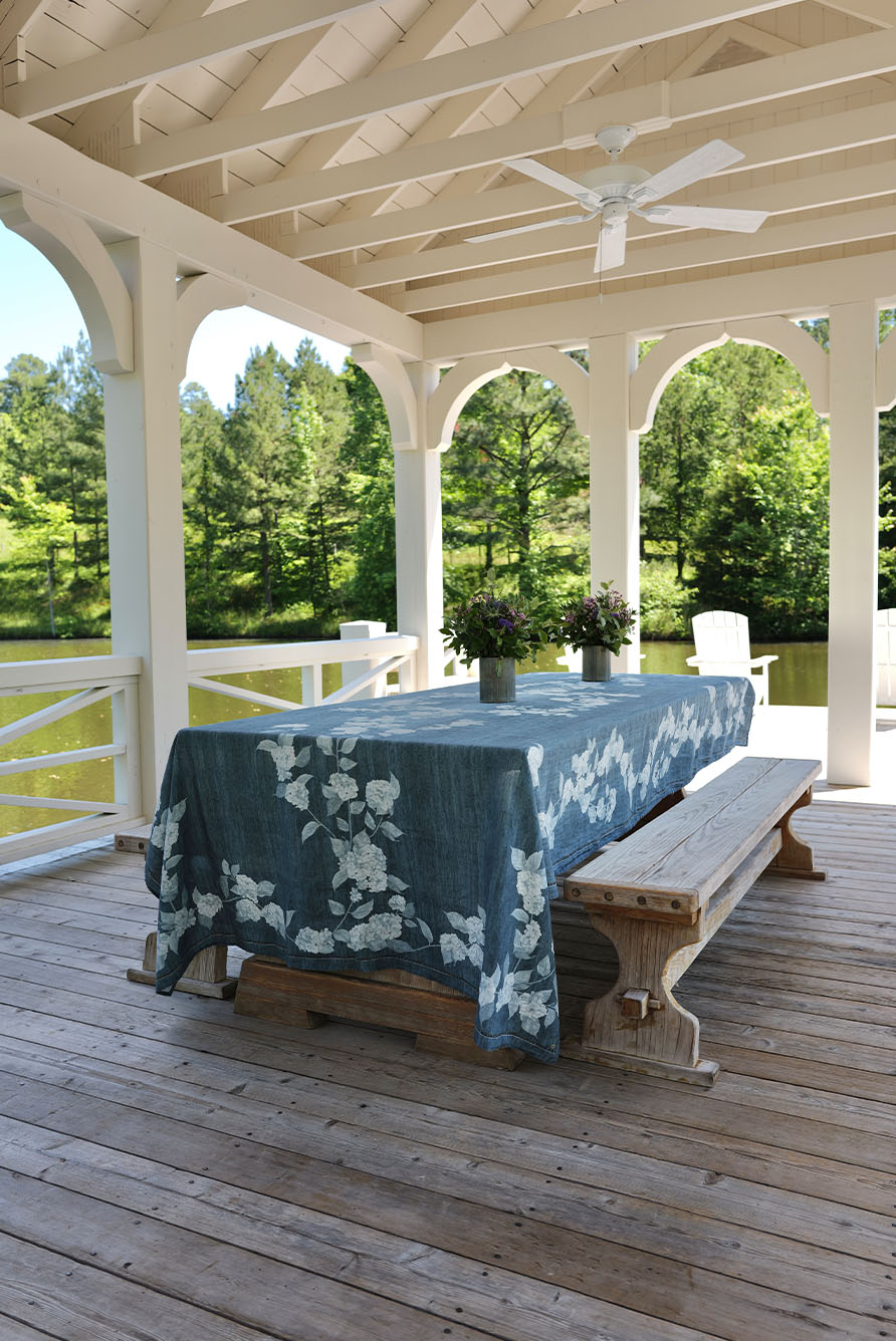 S&B x Blackberry Farm Denim Hydrangea Linen Tablecloth