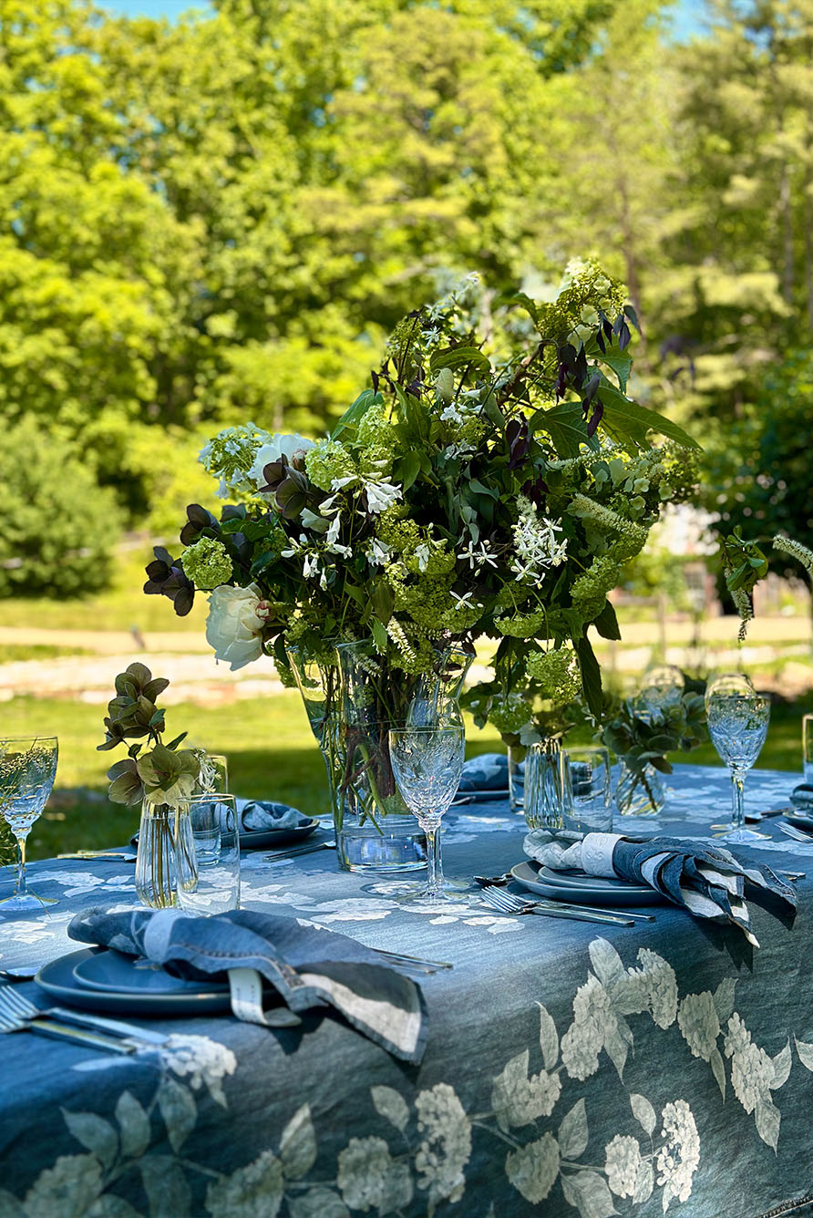 S&B x Blackberry Farm Denim Hydrangea Linen Tablecloth