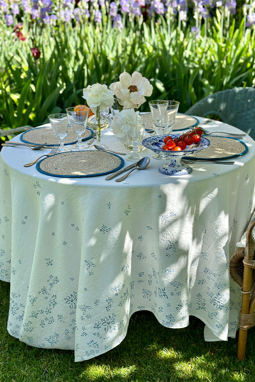 Bernadette's Falling Flower Square Linen Tablecloth in Light Blue, 200cm x 200cm