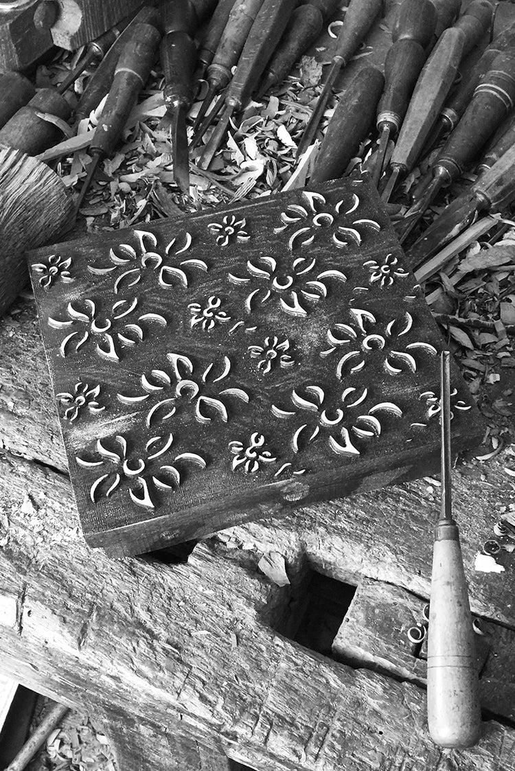 Bernadette's Hand Stamped Falling Flower On Full Field Linen Tablecloth in Avocado Green & Gold