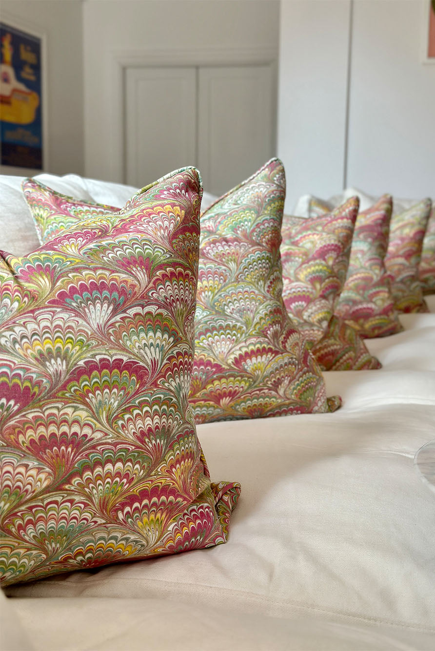 'Marble Fan' Linen Cushion in Pink, Green & Yellow, 50x50cm