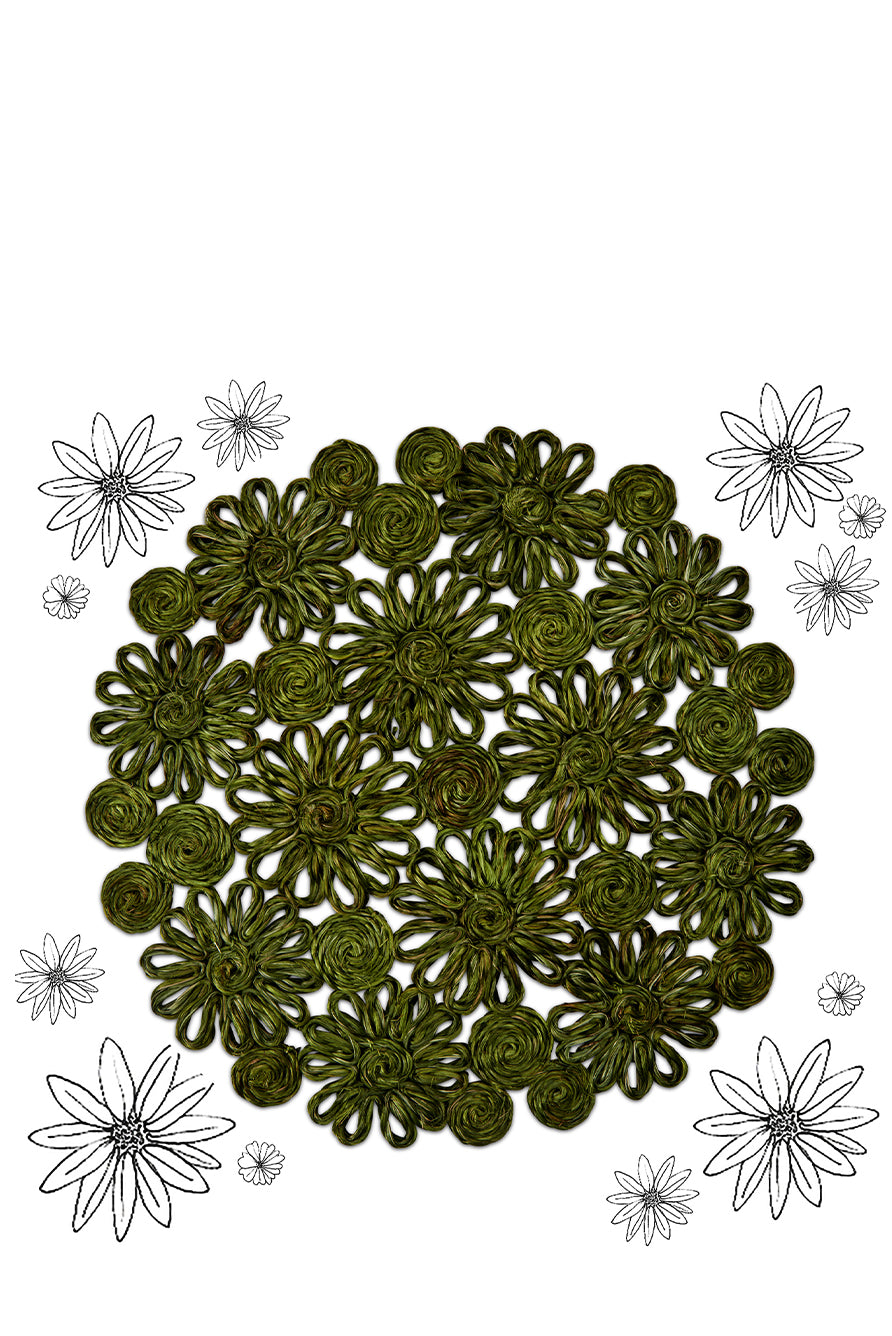 Floral Woven Abaca Placemat in Grass Green, 40cm