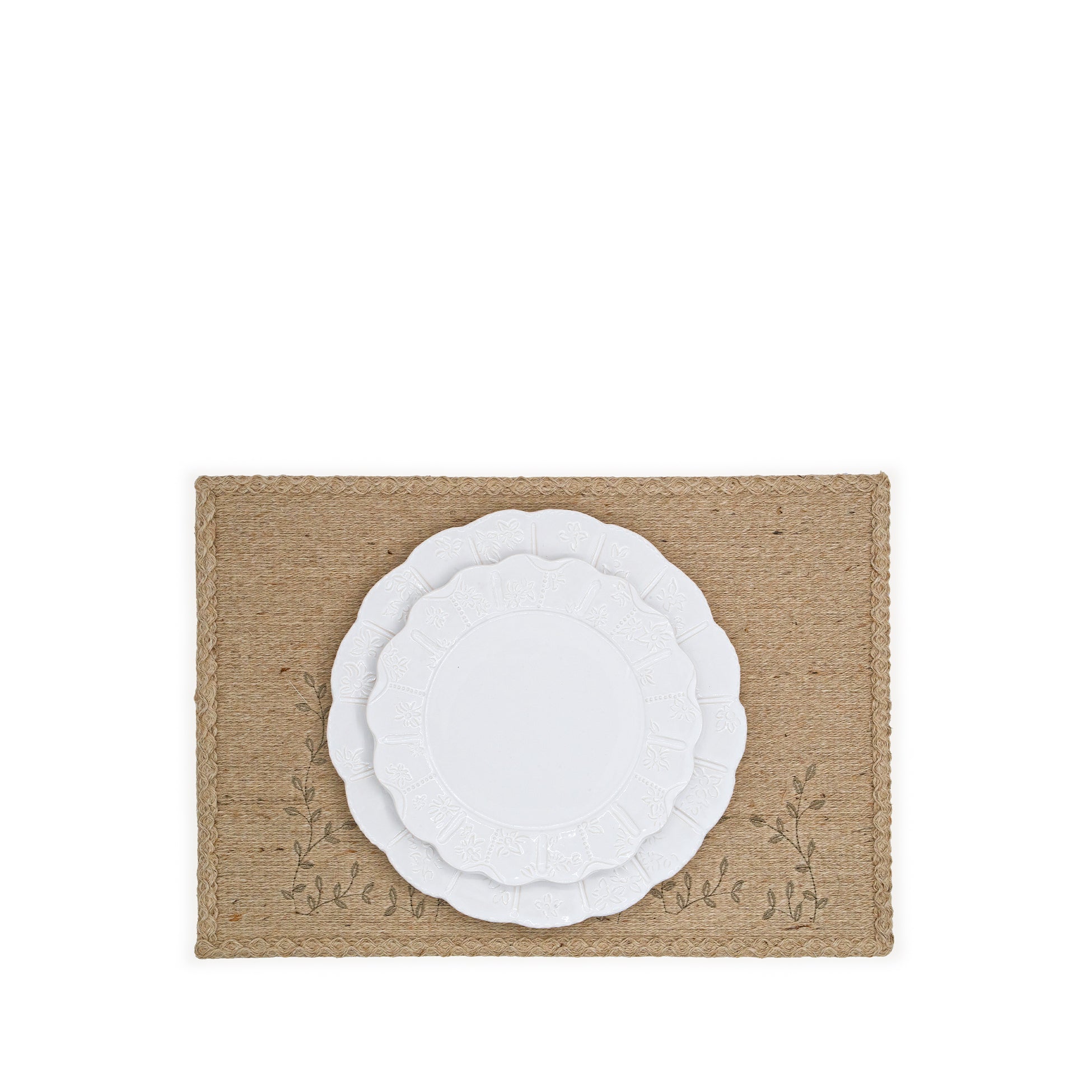 'Gaia' Small Leaves Embroidered Natural Rami Placemat, 35 x 50cm
