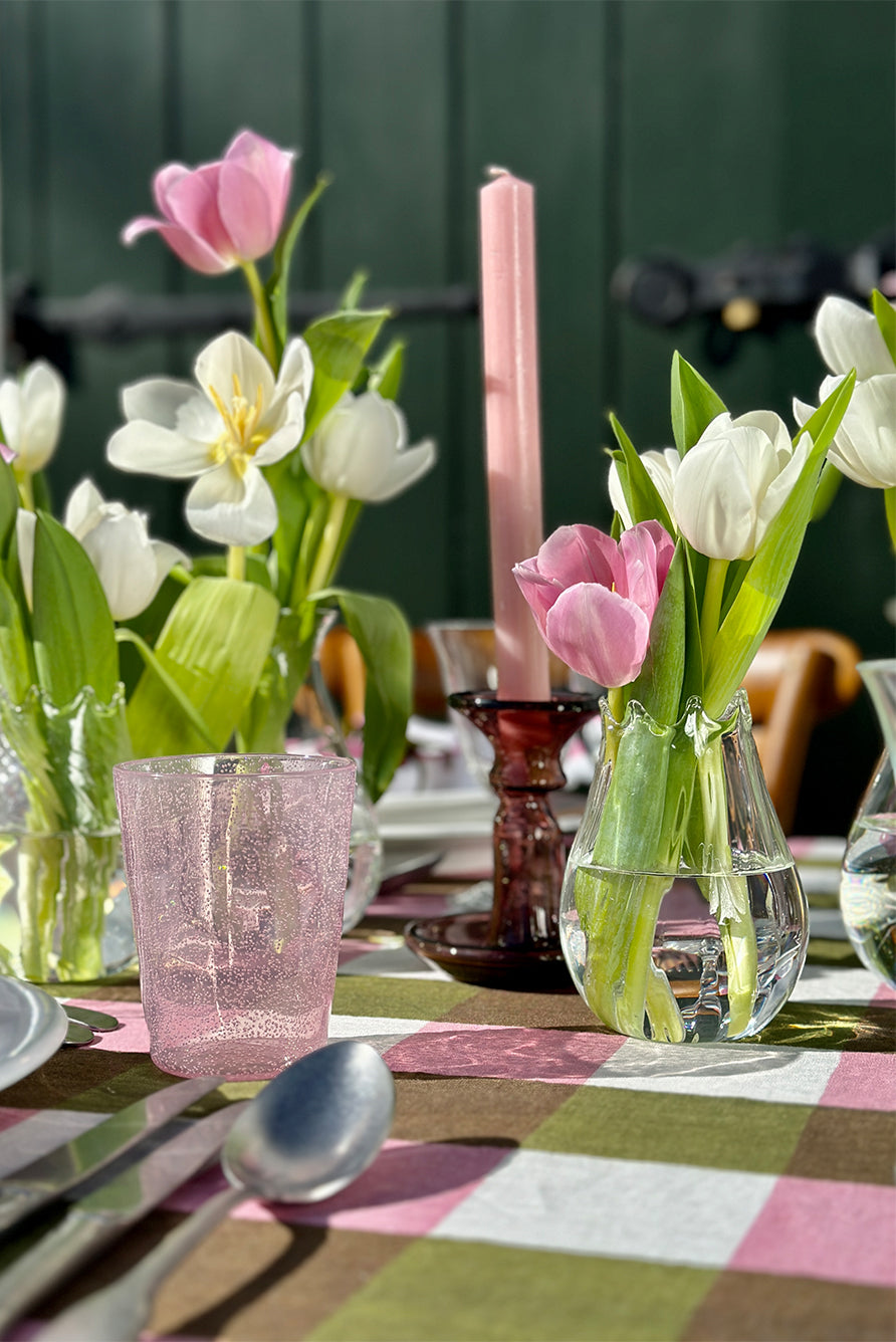'Gingham' Linen Tablecloth in Rose Pink & Avocado Green