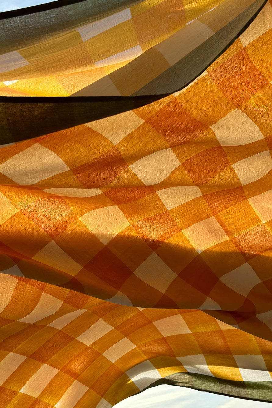 'Gingham' Linen Tablecloth in Mustard Yellow with Avocado Green Trim