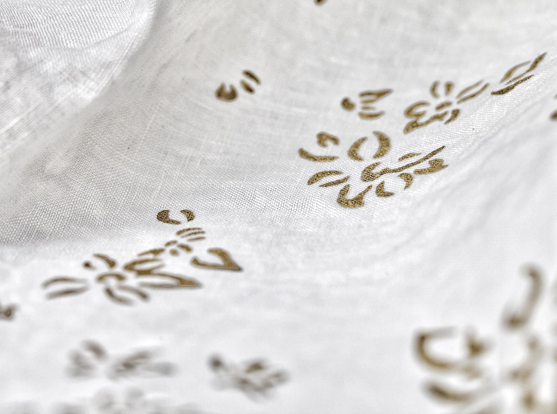 Bernadette's Hand Stamped Falling Flower Linen Tablecloth in Gold