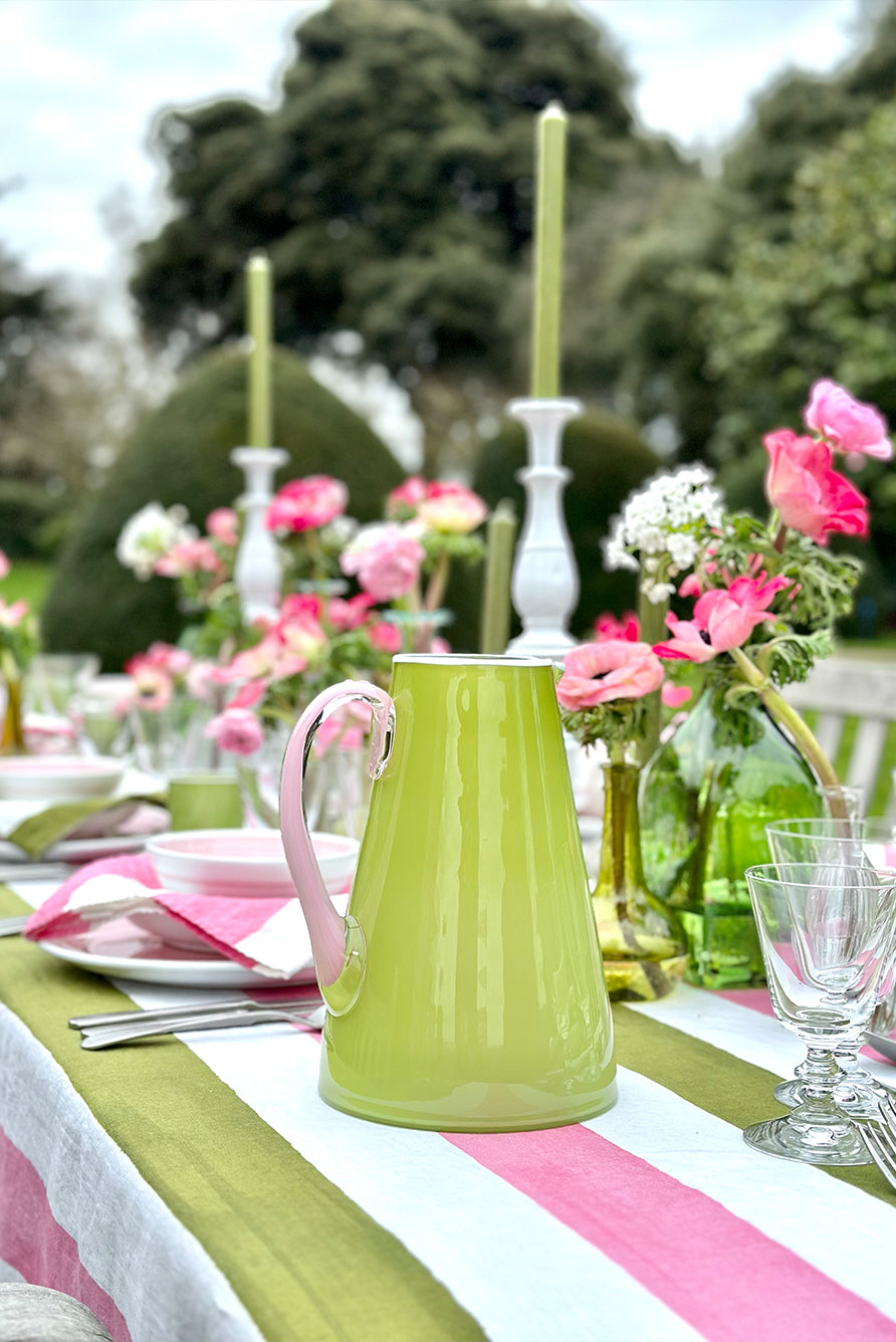 'Stripe' Linen Tablecloth in Rose Pink & Avocado Green