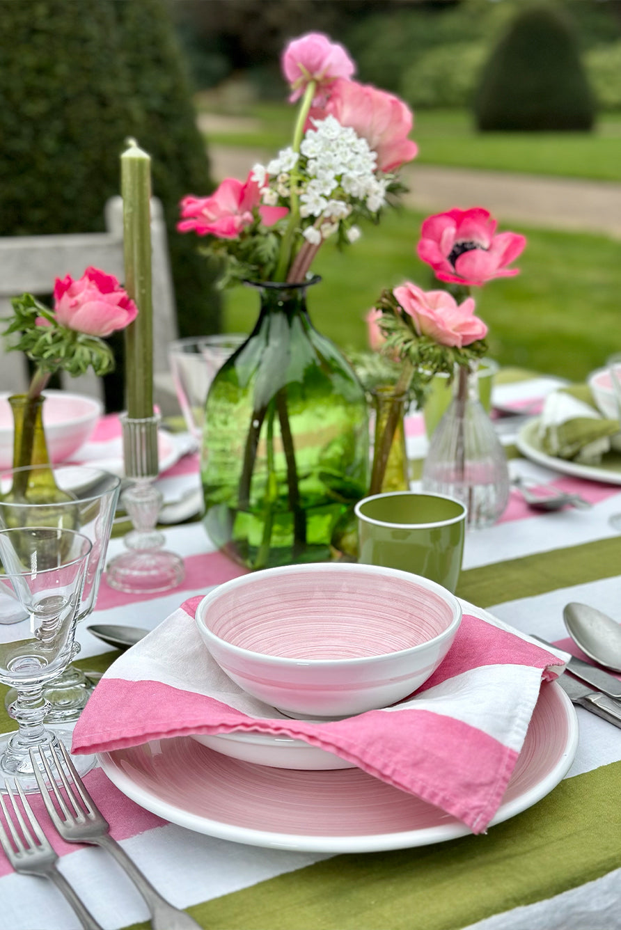 'Stripe' Linen Tablecloth in Rose Pink & Avocado Green