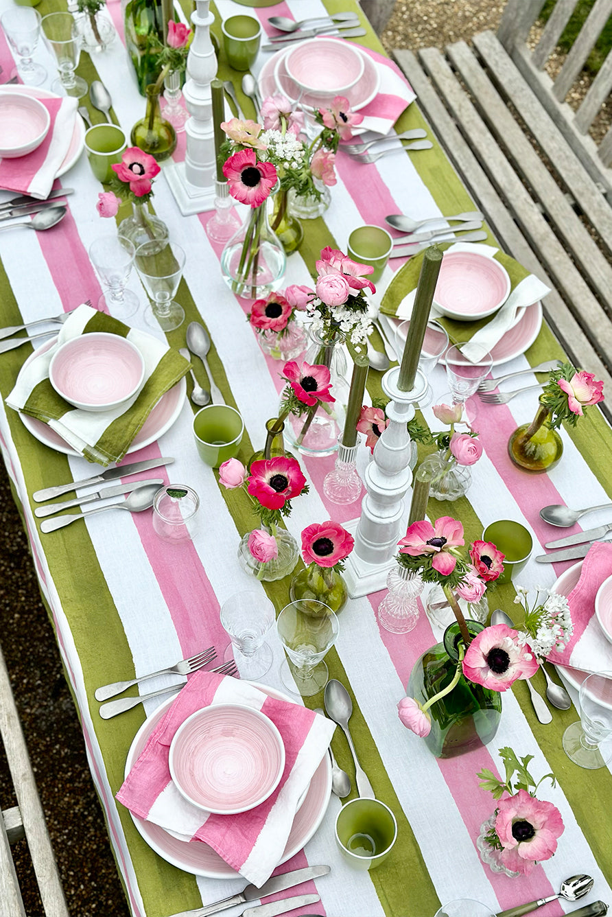'Stripe' Linen Tablecloth in Rose Pink & Avocado Green