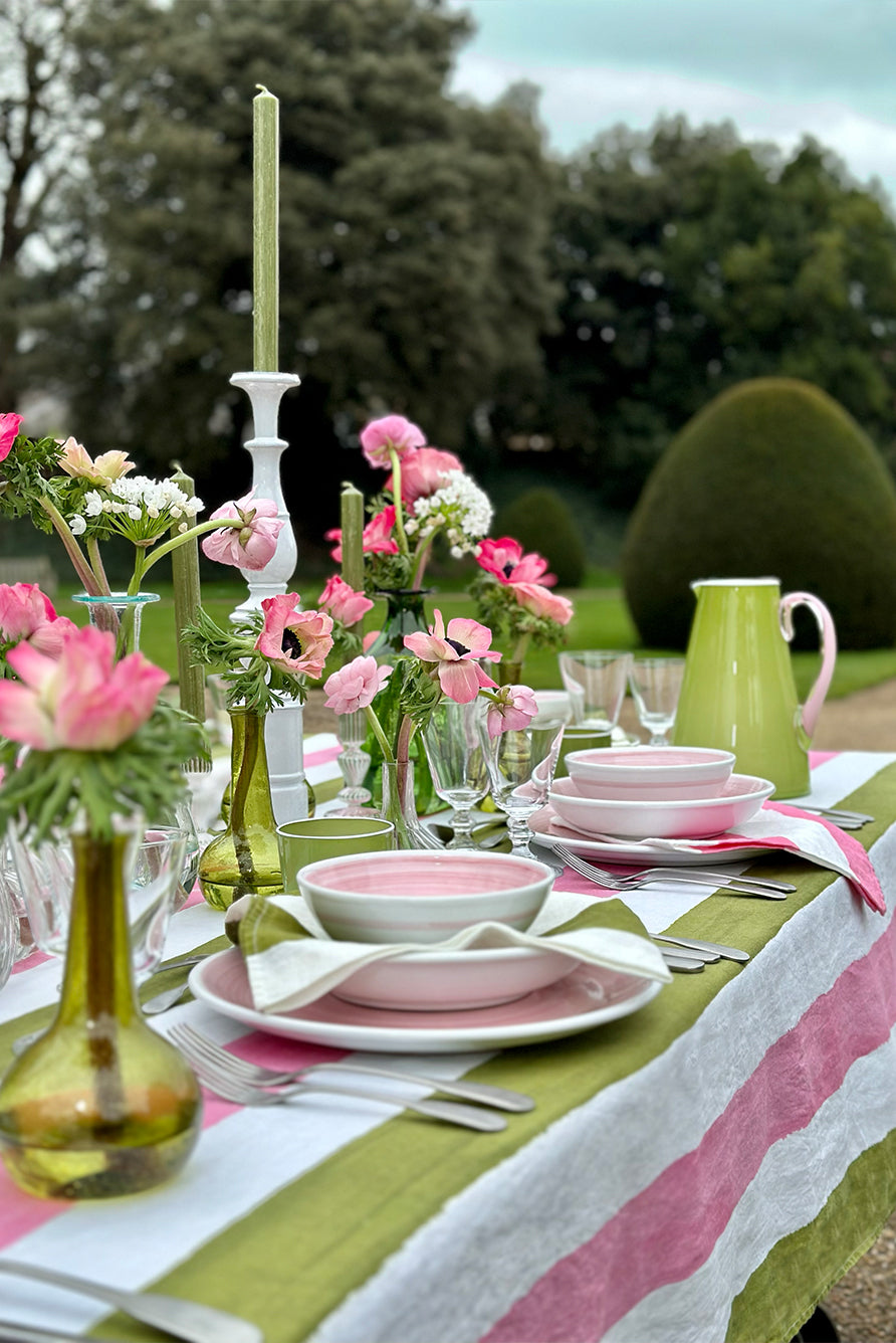 'Stripe' Linen Tablecloth in Rose Pink & Avocado Green