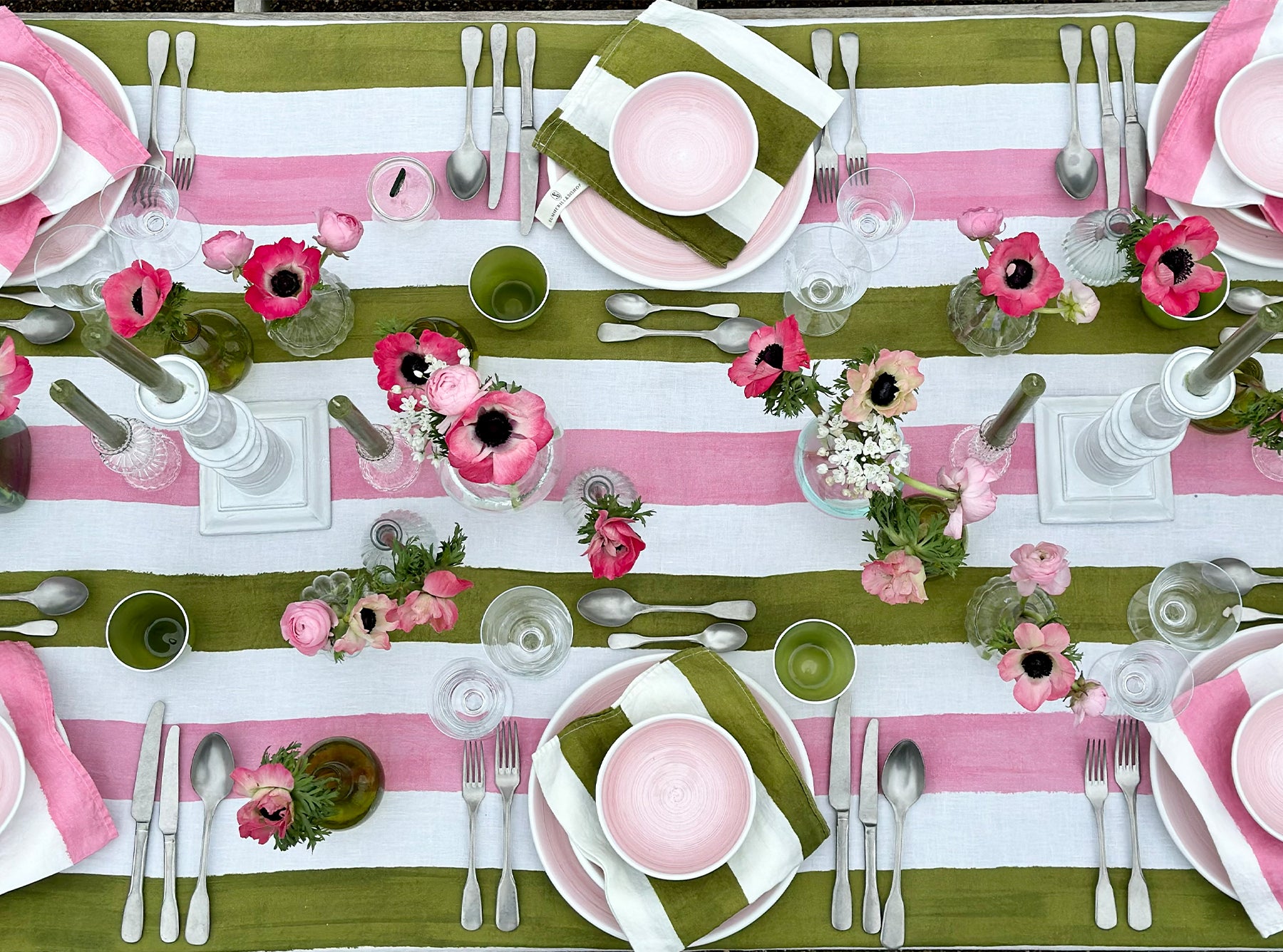 'Stripe' Linen Tablecloth in Rose Pink & Avocado Green