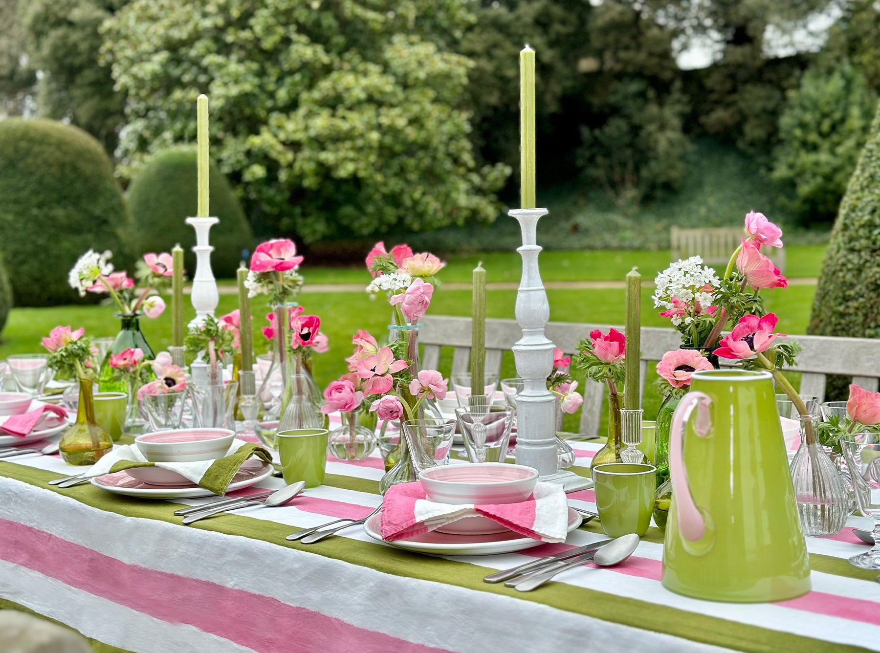 'Stripe' Linen Tablecloth in Rose Pink & Avocado Green
