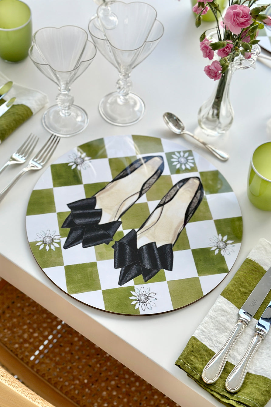 Set of 6 Shoe Check & Crystal Round Cork-Backed Placemats in Avocado Green