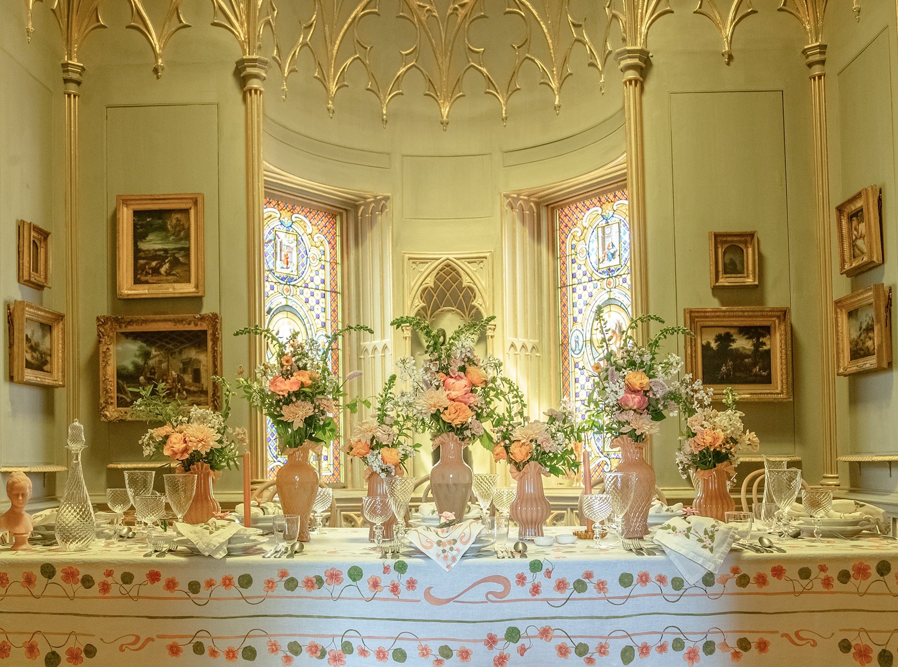 'Capucines' Linen Tablecloth in Peach Pink & Avocado Green