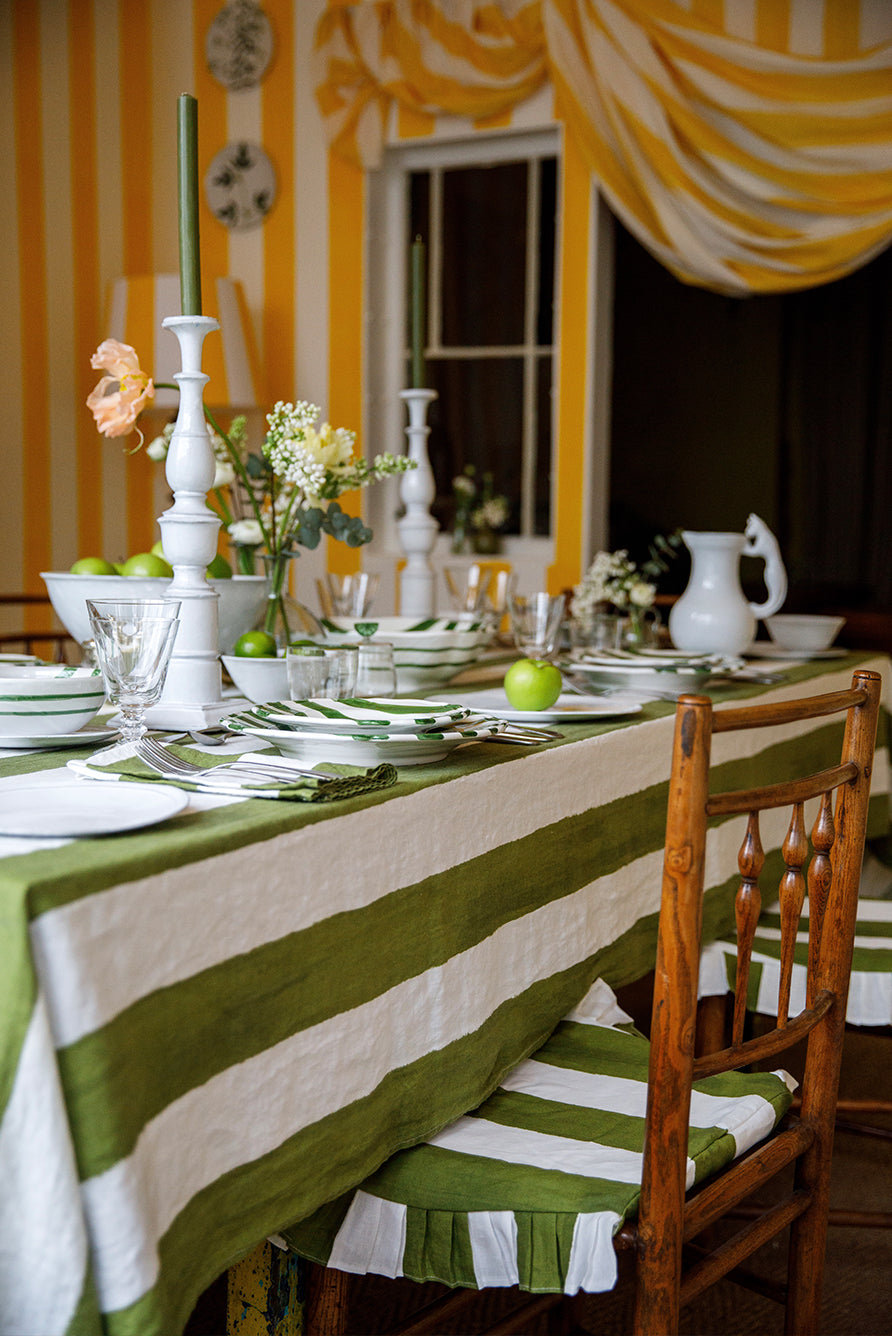 'Stripe' Linen Tablecloth in White & Green