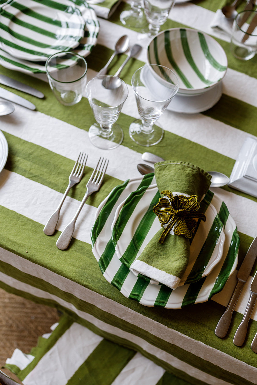 'Stripe' Linen Tablecloth in White & Green