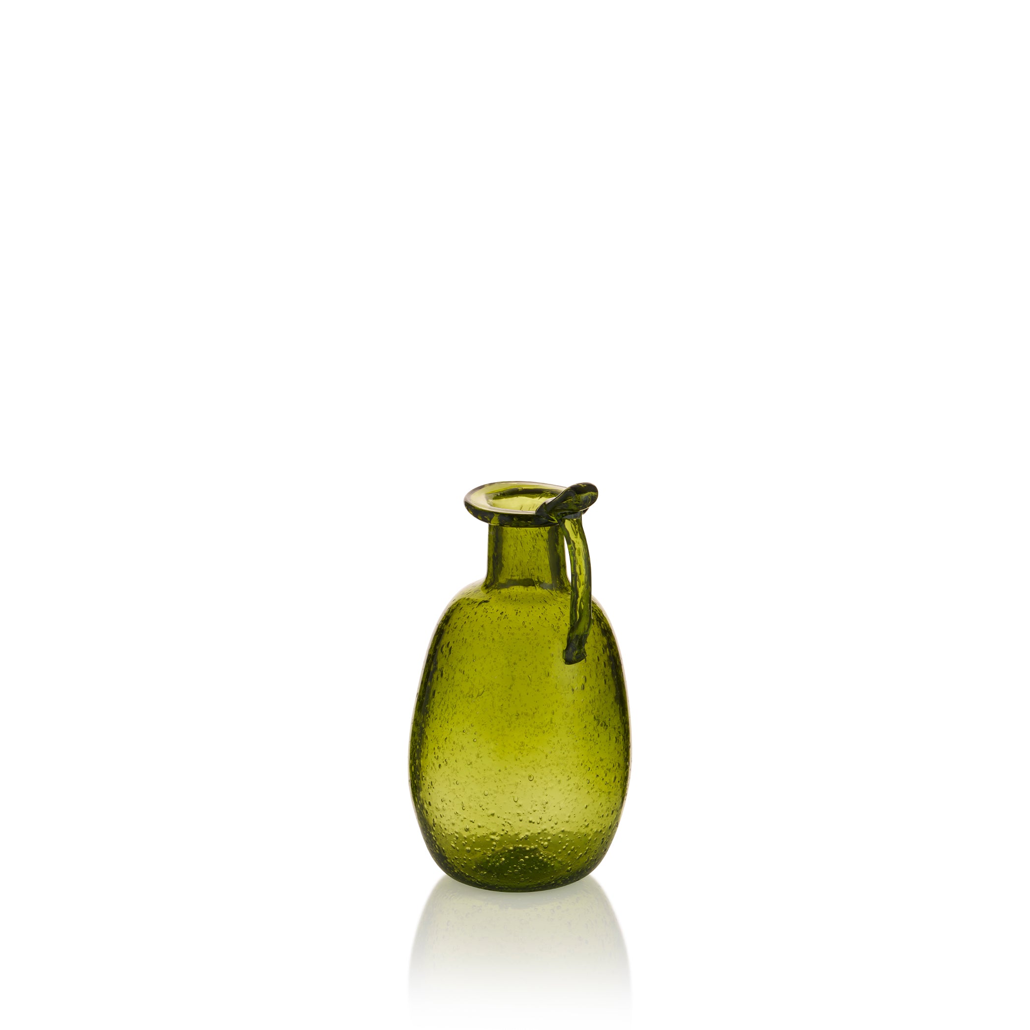 Handblown Glass Amour Vase with Handle in Olive Green, 12cm