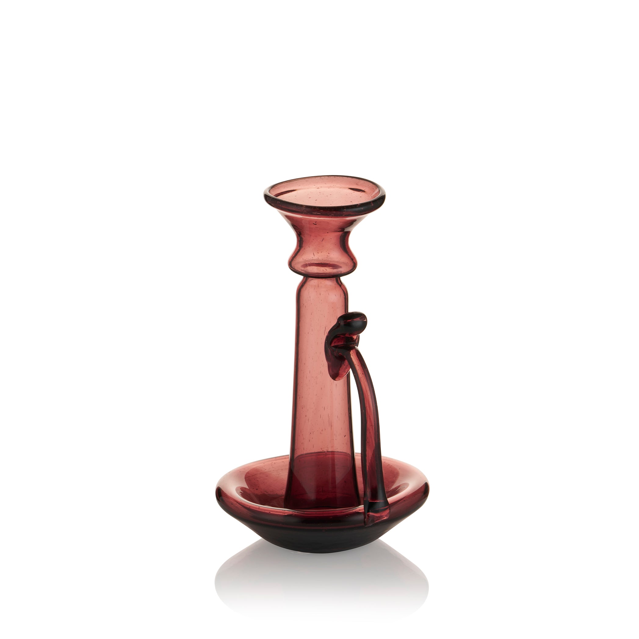 Handblown Recycled Glass Candlestick with Handle in Raspberry Red, 20cm