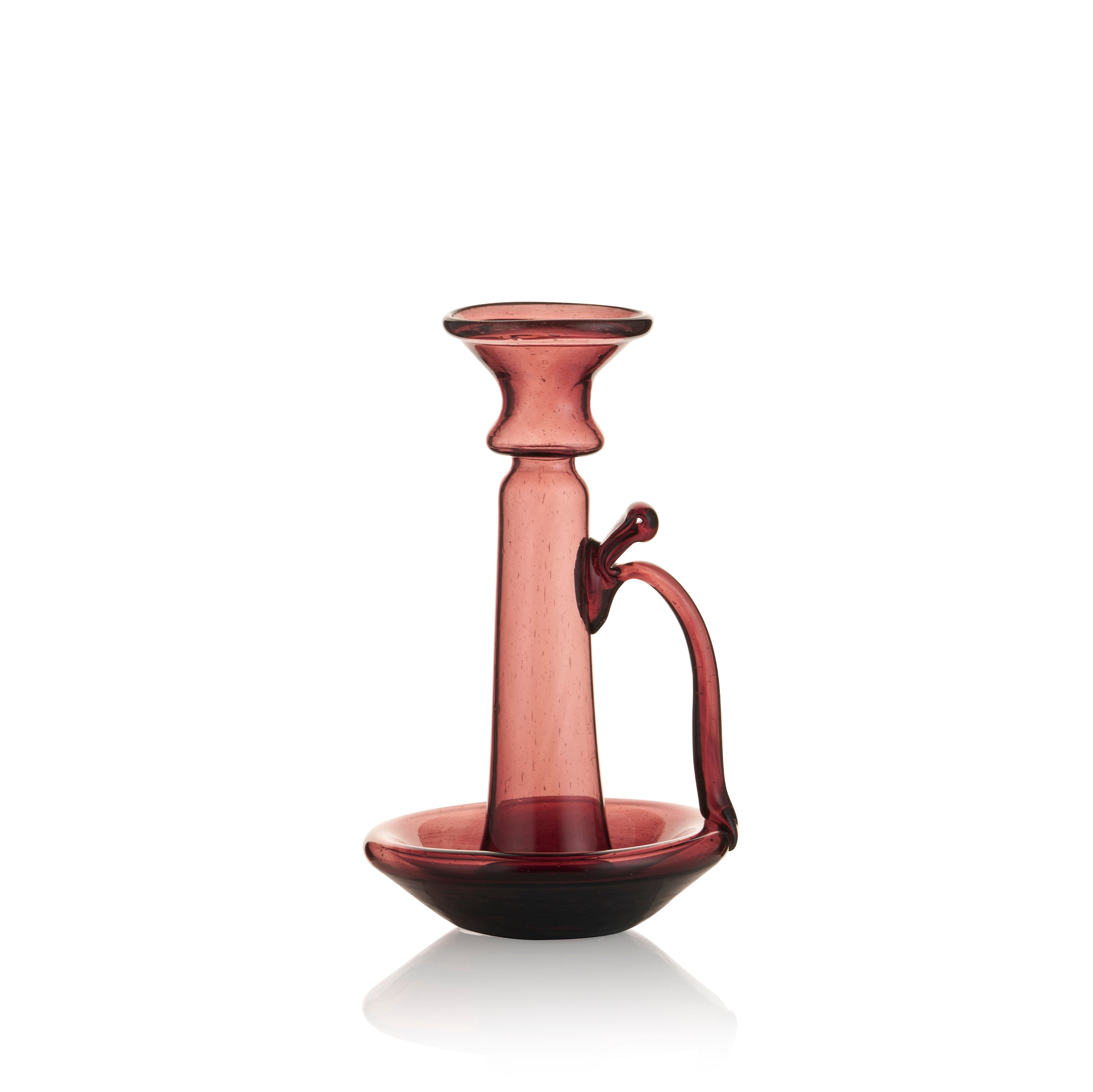 Handblown Recycled Glass Candlestick with Handle in Raspberry Red, 20cm