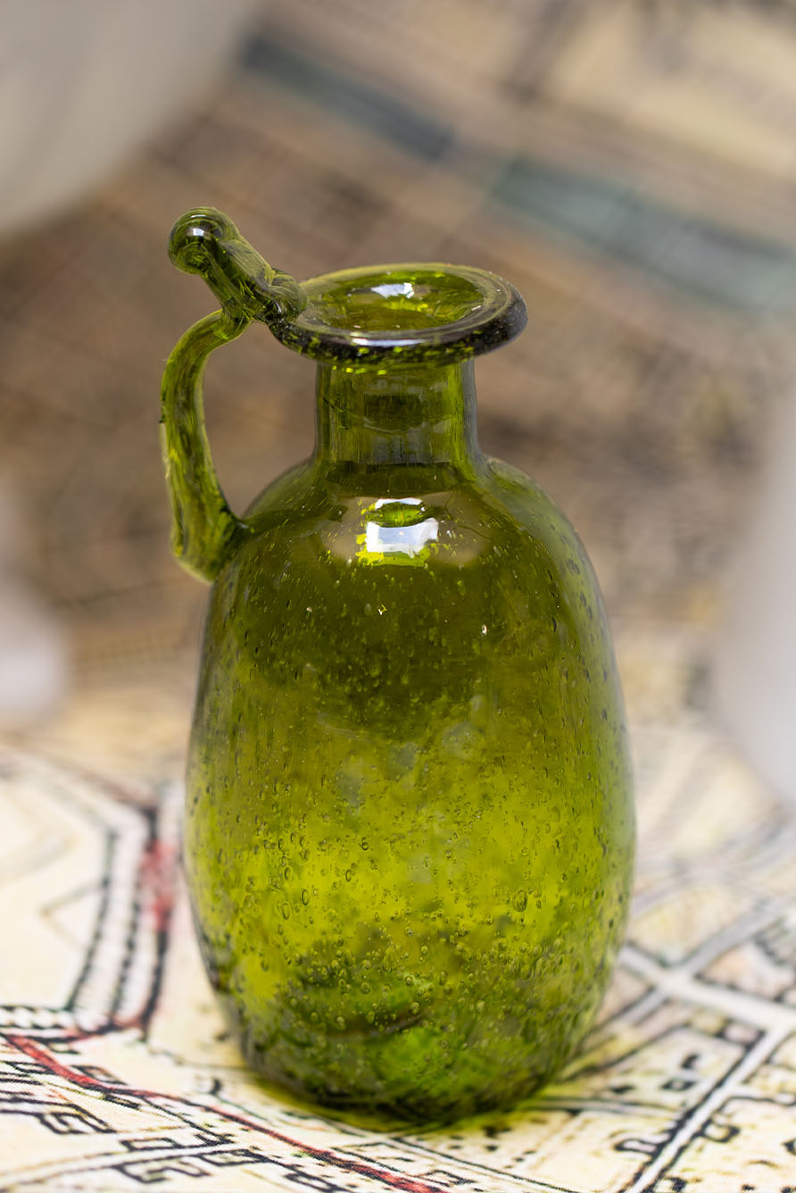 Handblown Glass Amour Vase with Handle in Olive Green, 12cm
