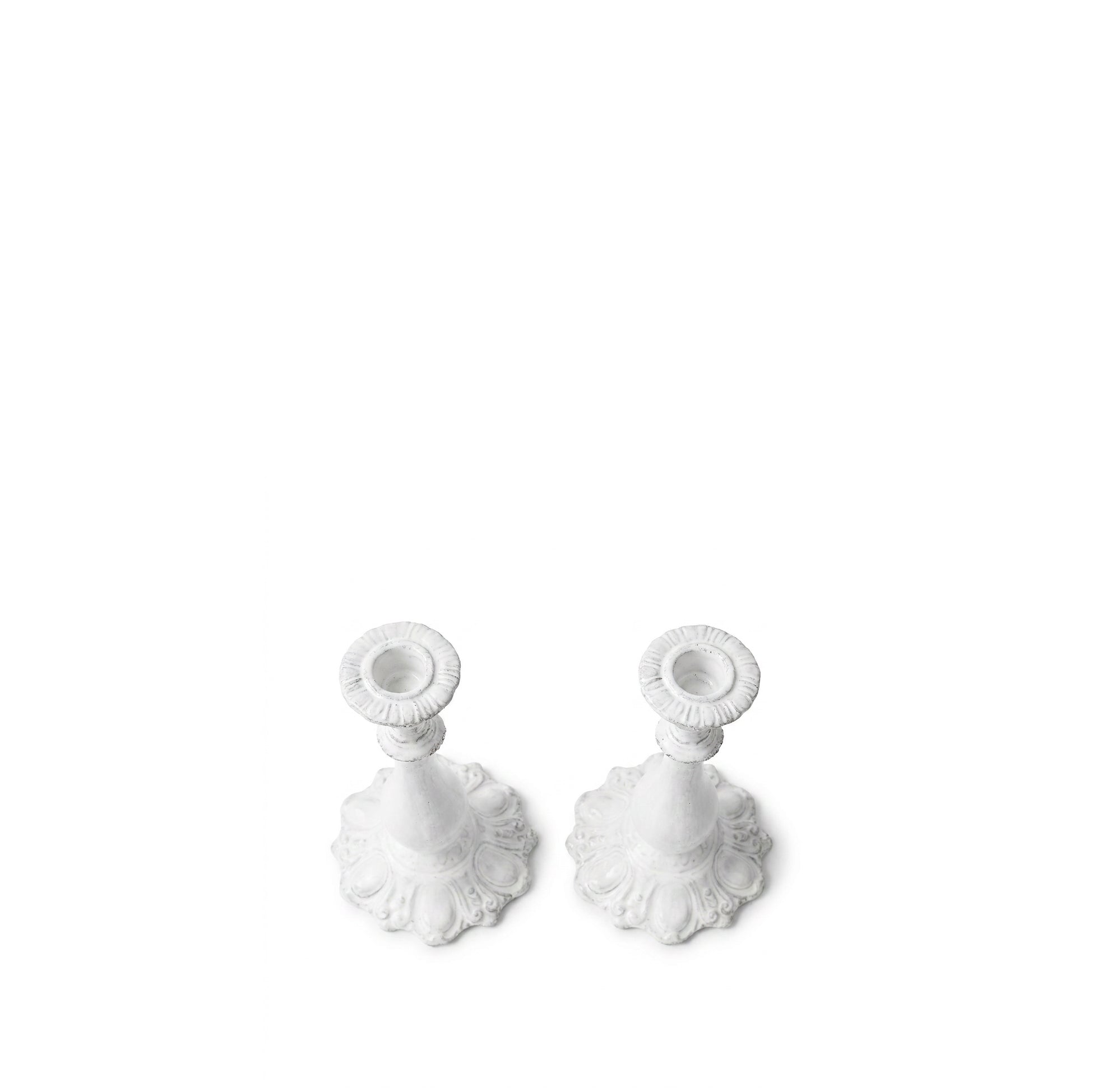 Pair of Astier de Villatte Isis Candlesticks, 11.5 x 11.5 x 19cm