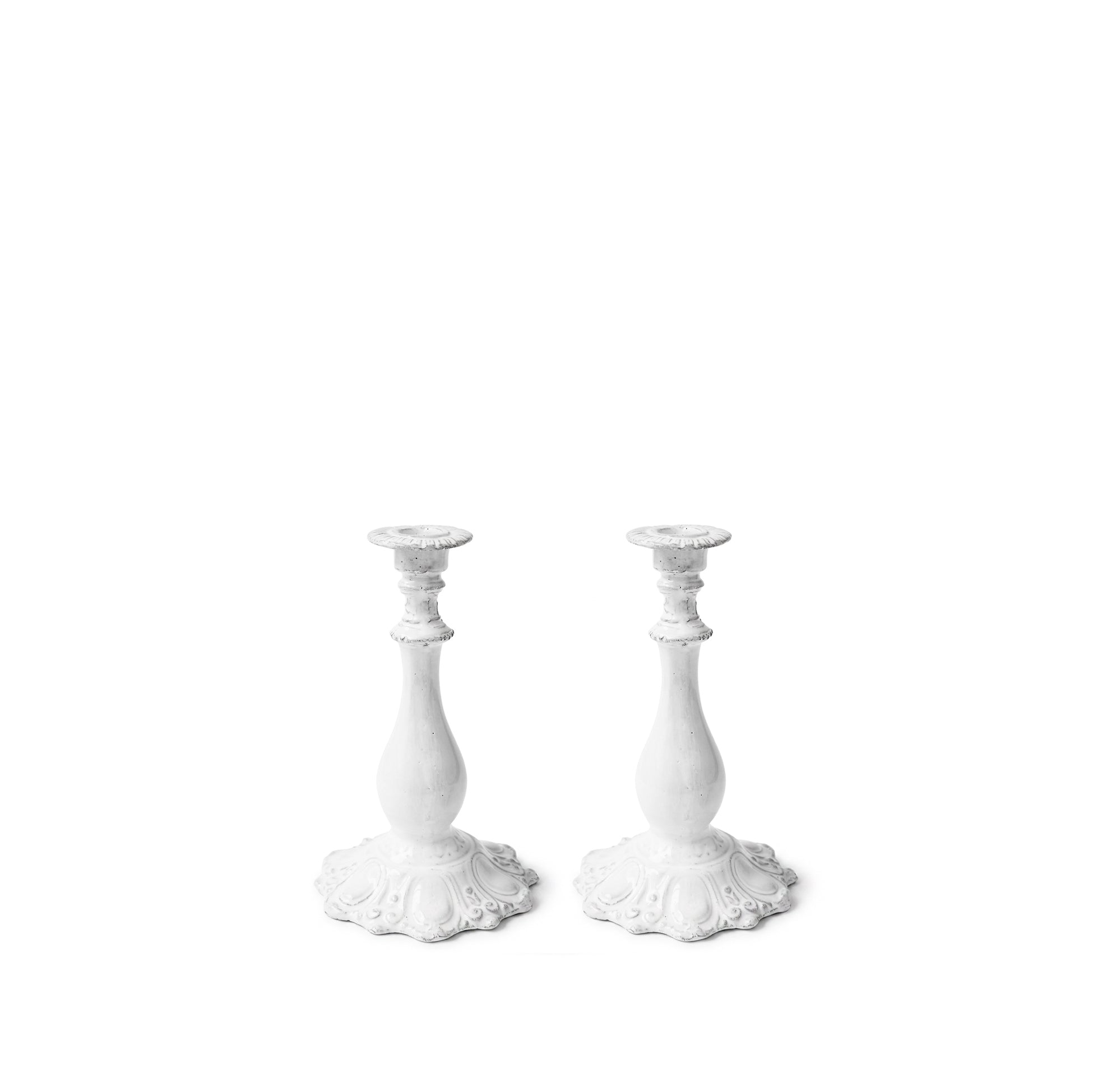 Pair of Astier de Villatte Isis Candlesticks, 11.5 x 11.5 x 19cm