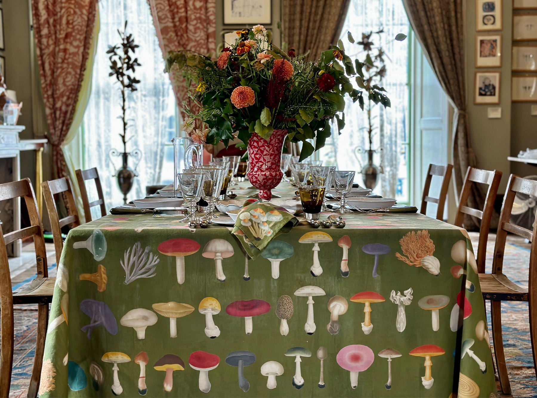S&B x John Derian Green 'Fungi' Linen Napkin, 50x50cm