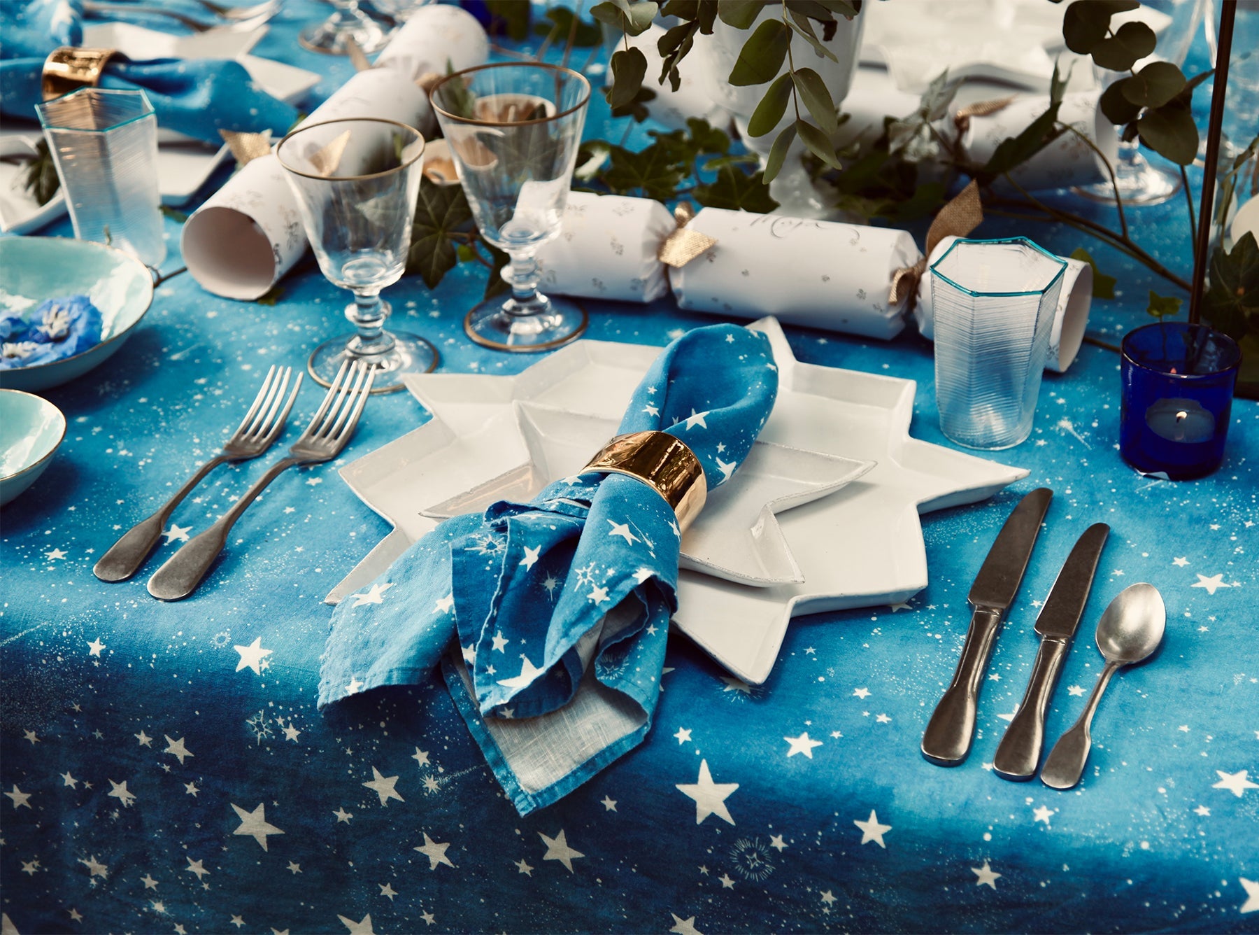'Celestial Stars' Linen Tablecloth in Blue