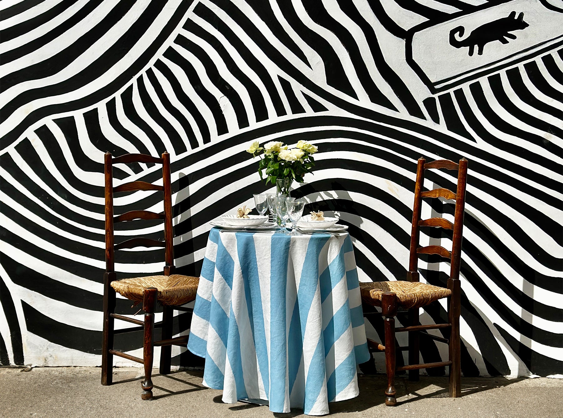 'Stripe' Round Occasional Linen Tablecloth in Pale Blue, 165cm