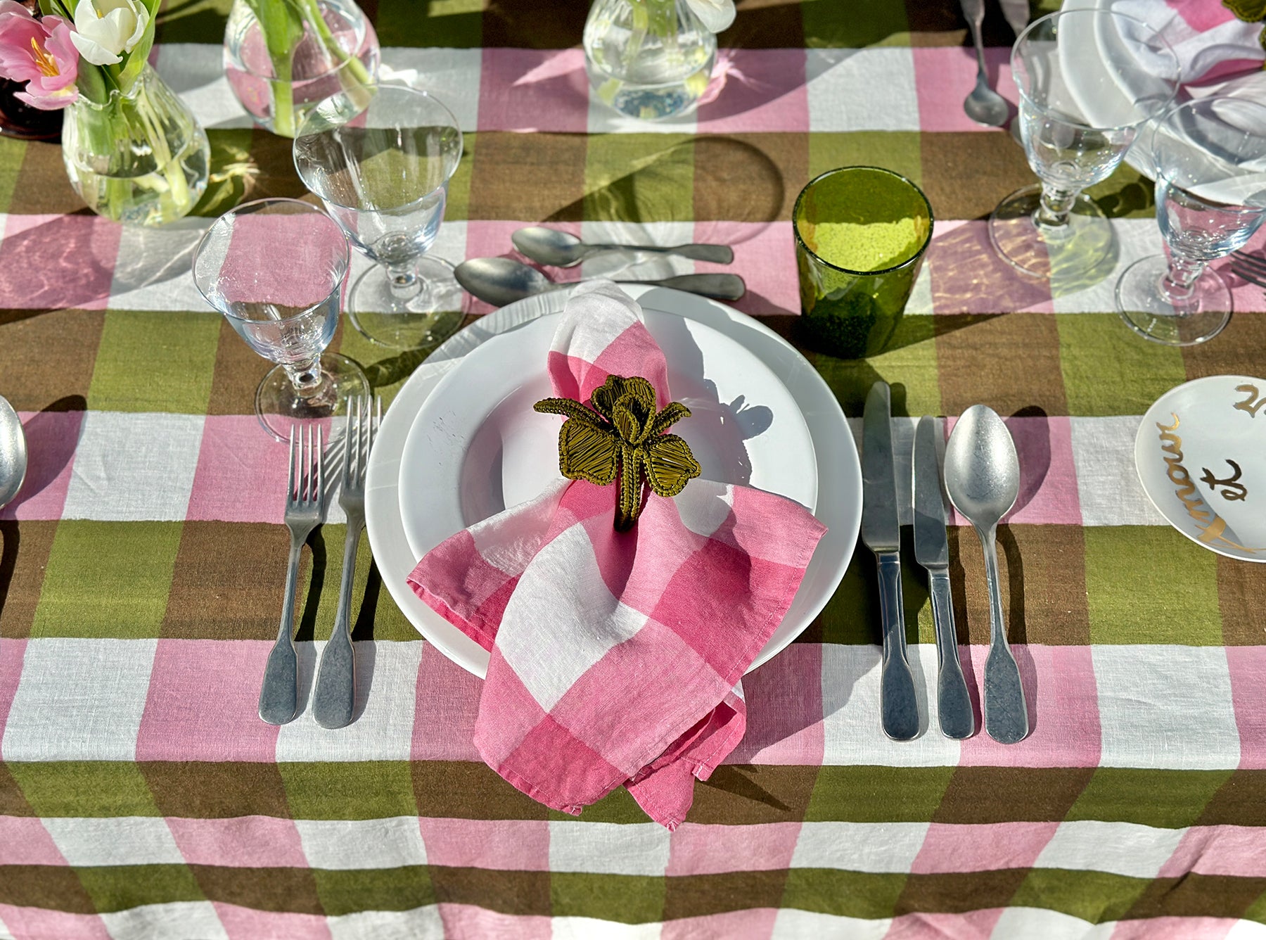 'Gingham' Linen Tablecloth in Rose Pink & Avocado Green