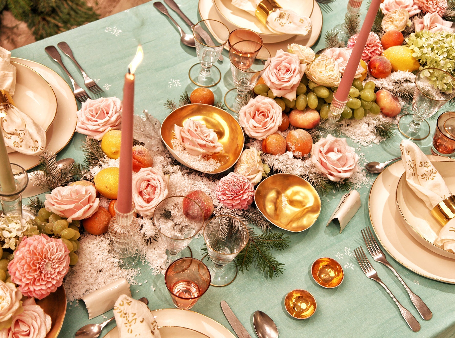 'S&Bee Falling Flower' Linen Napkin in Celadon Blue, 50x50cm