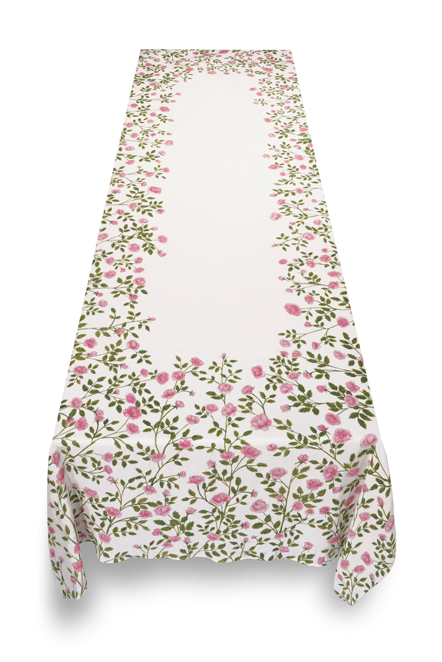 'Le Jardin des Roses' Linen Tablecloth in Pink & Green