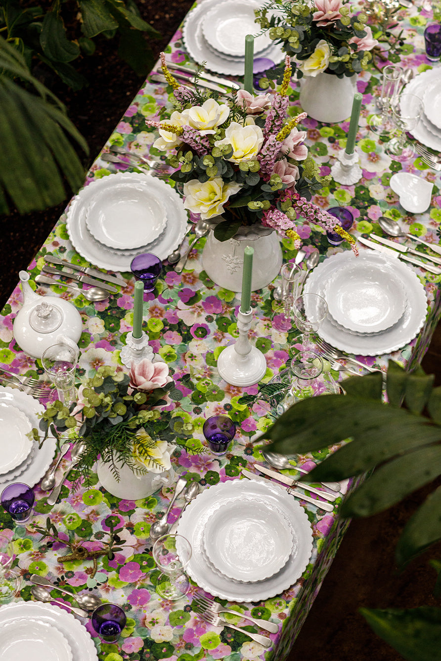 'Le Marché aux Fleurs' Linen Tablecloth in Purple, Pink and Green