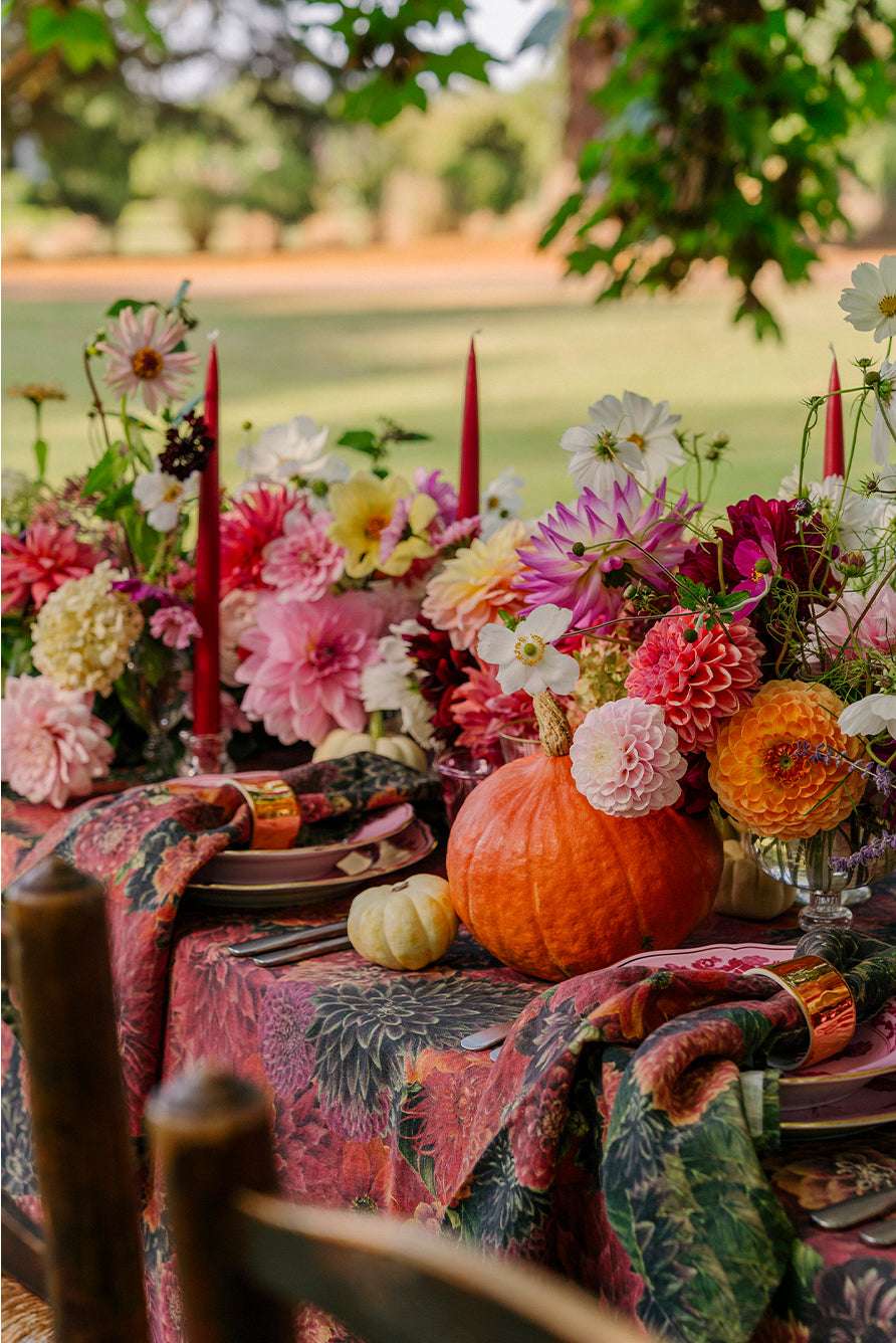 'Dahlia' Linen Napkin in Red & Purple, 50x50cm