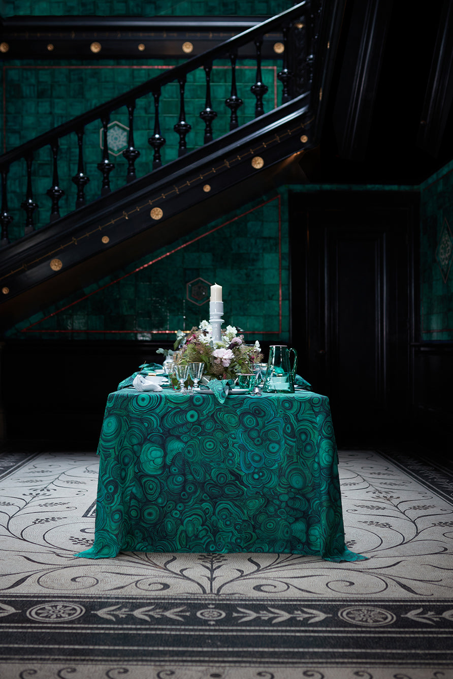 'Malachite' Linen Tablecloth in Emerald Green